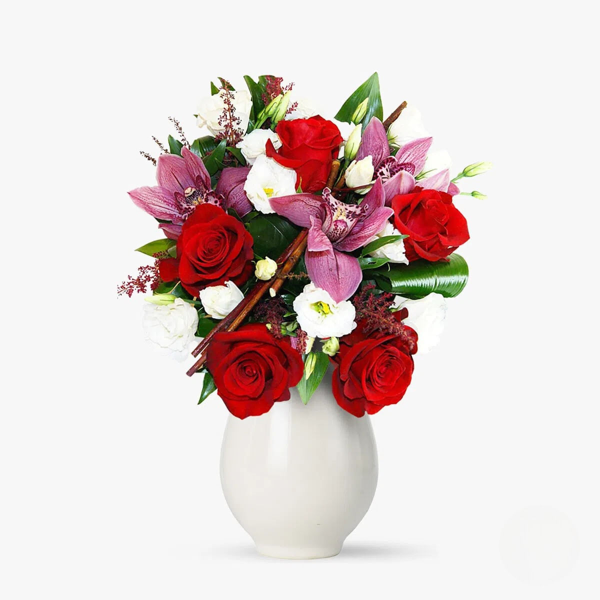 Buchet de flori cu trandafiri rosii, cymbidium roz, lisianthus alb Dragoste nemarginita